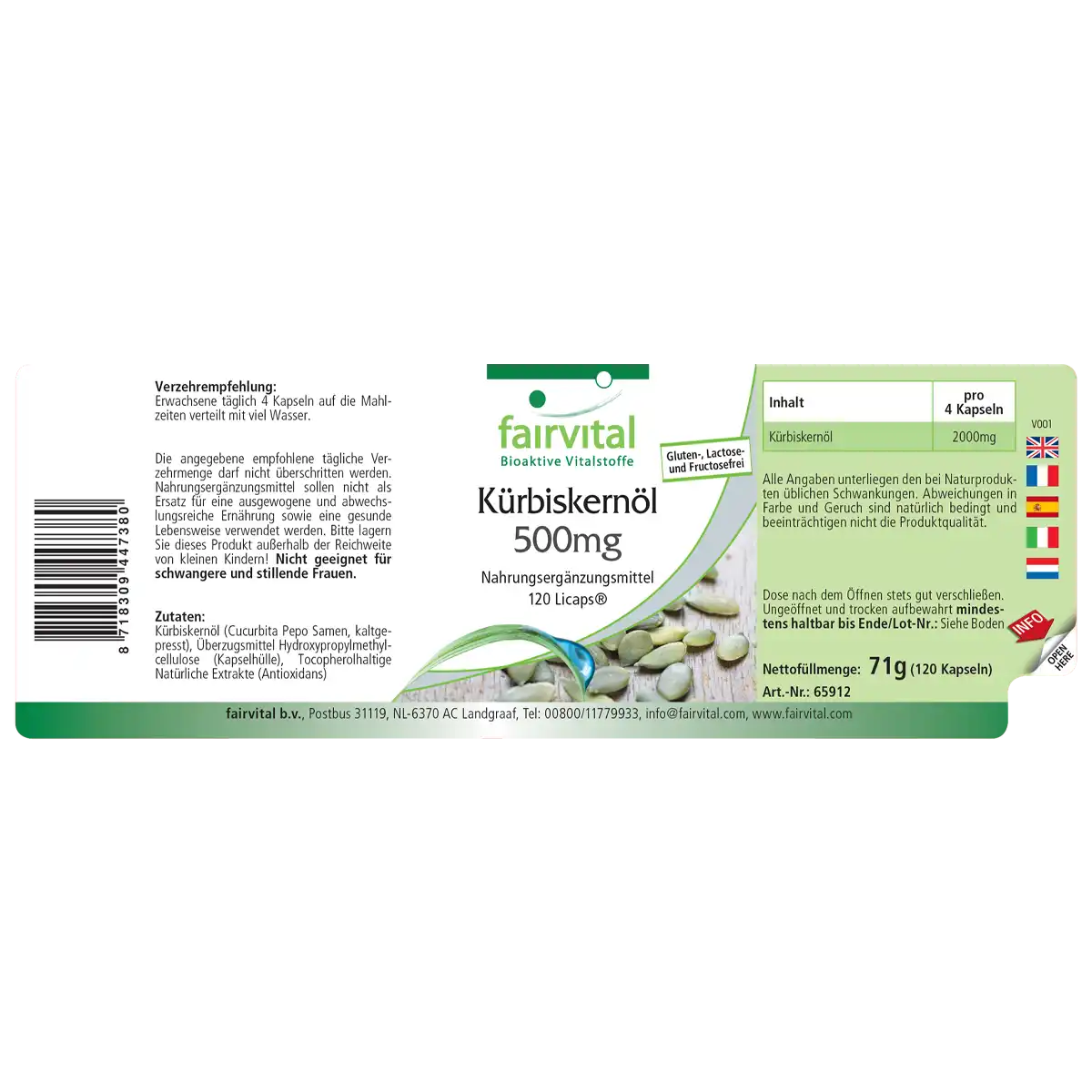 Kürbiskernöl 500mg - 120 LiCaps® - Naturbelassen & kaltgepresst - Hochdosiert und Vegan | Fairvital Kürbiskernöl 500mg - 120 LiCaps® - Naturbelassen & kaltgepresst - Hochdosiert und Vegan | Fairvital