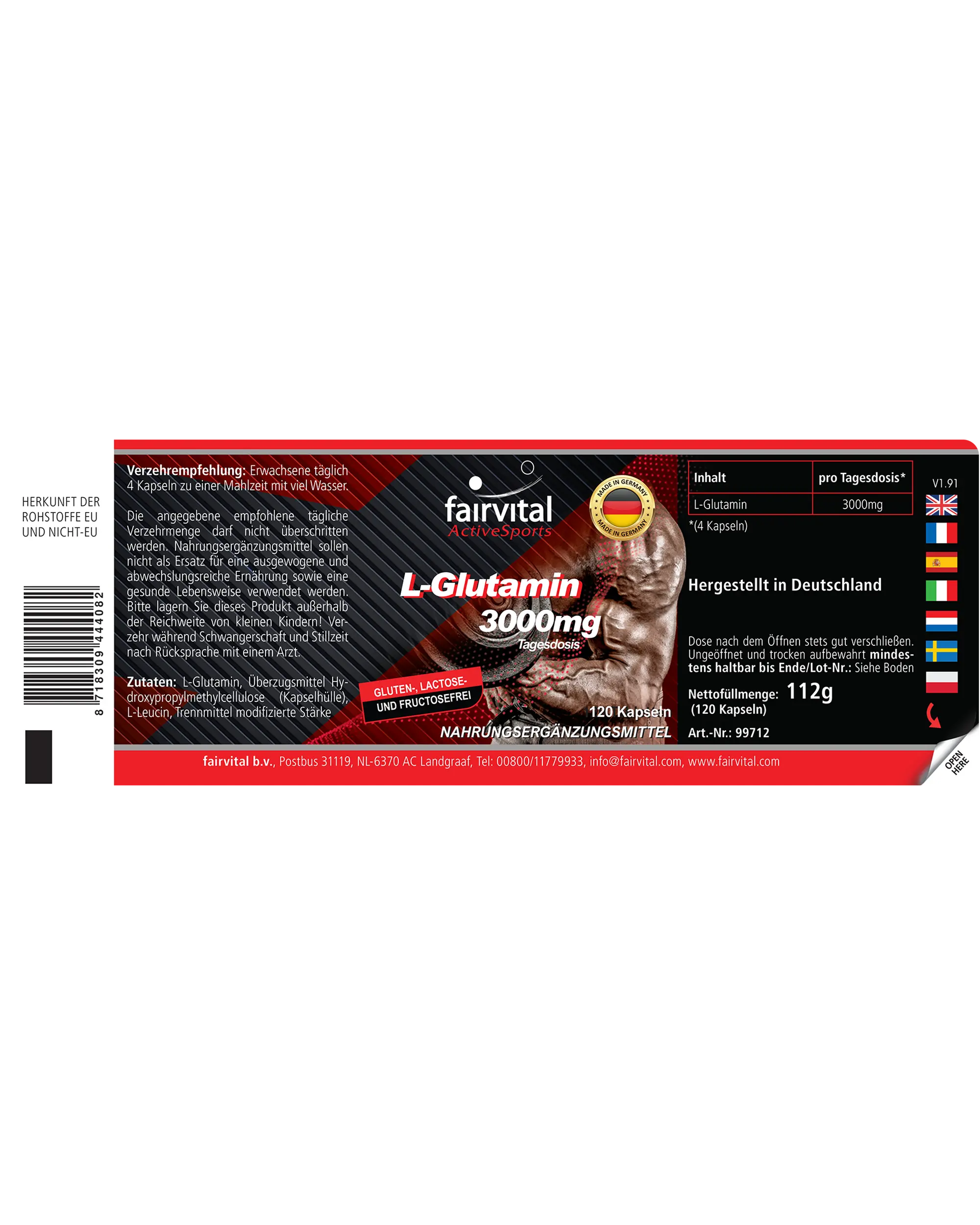 L-Glutamin 3000mg - 120 Kapseln - hochdosiert - vegan - freie Form der Aminosäure | Fairvital