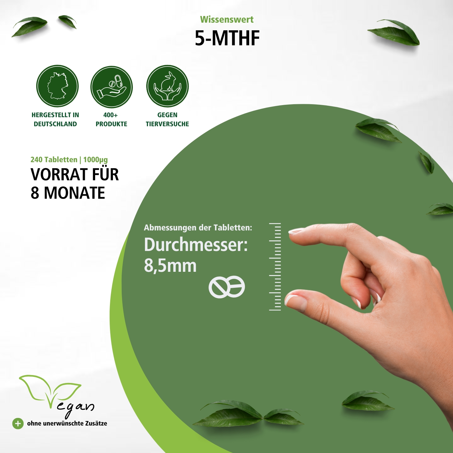 5-MTHF 1000 µg - 240 Tabletten - Schluckfreundlich - bioaktive Folsäure - abgedeckter Bedarf - Hochdosiert und Vegan | Fairvital