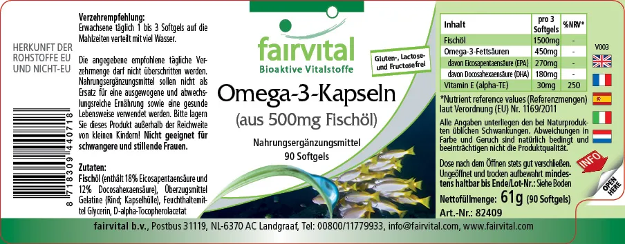 Omega-3-Kapseln aus 500mg Fischöl - 90 Softgels - für Blutdruck, Herz und Zellschutz | Fairvital Omega-3-Kapseln aus 500mg Fischöl - 90 Softgels - für Blutdruck, Herz und Zellschutz | Fairvital