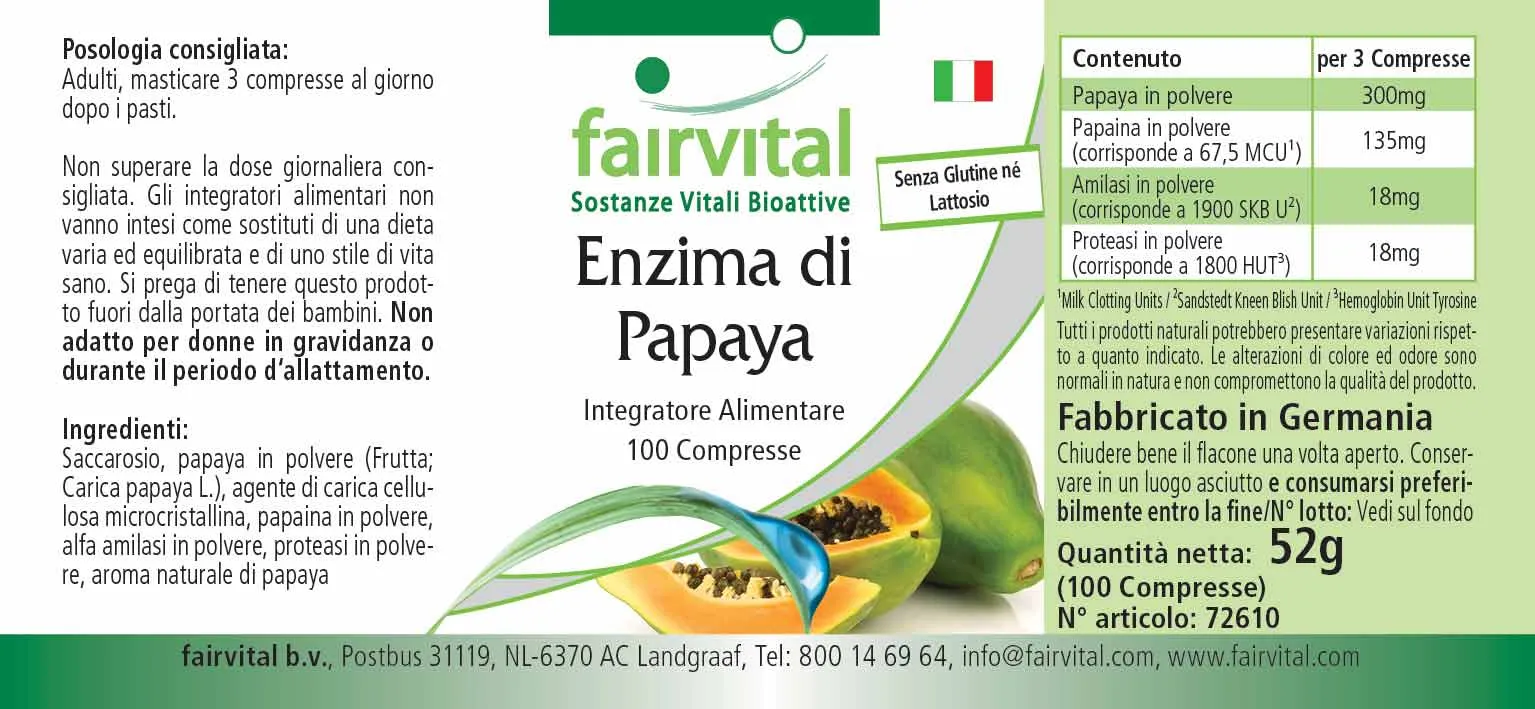 Papaya Enzym - 100 Tabletten - mit Papain, Amylase und Protease - Hochdosiert und Vegan | Fairvital Papaya Enzym - 100 Tabletten - mit Papain, Amylase und Protease - Hochdosiert und Vegan | Fairvital