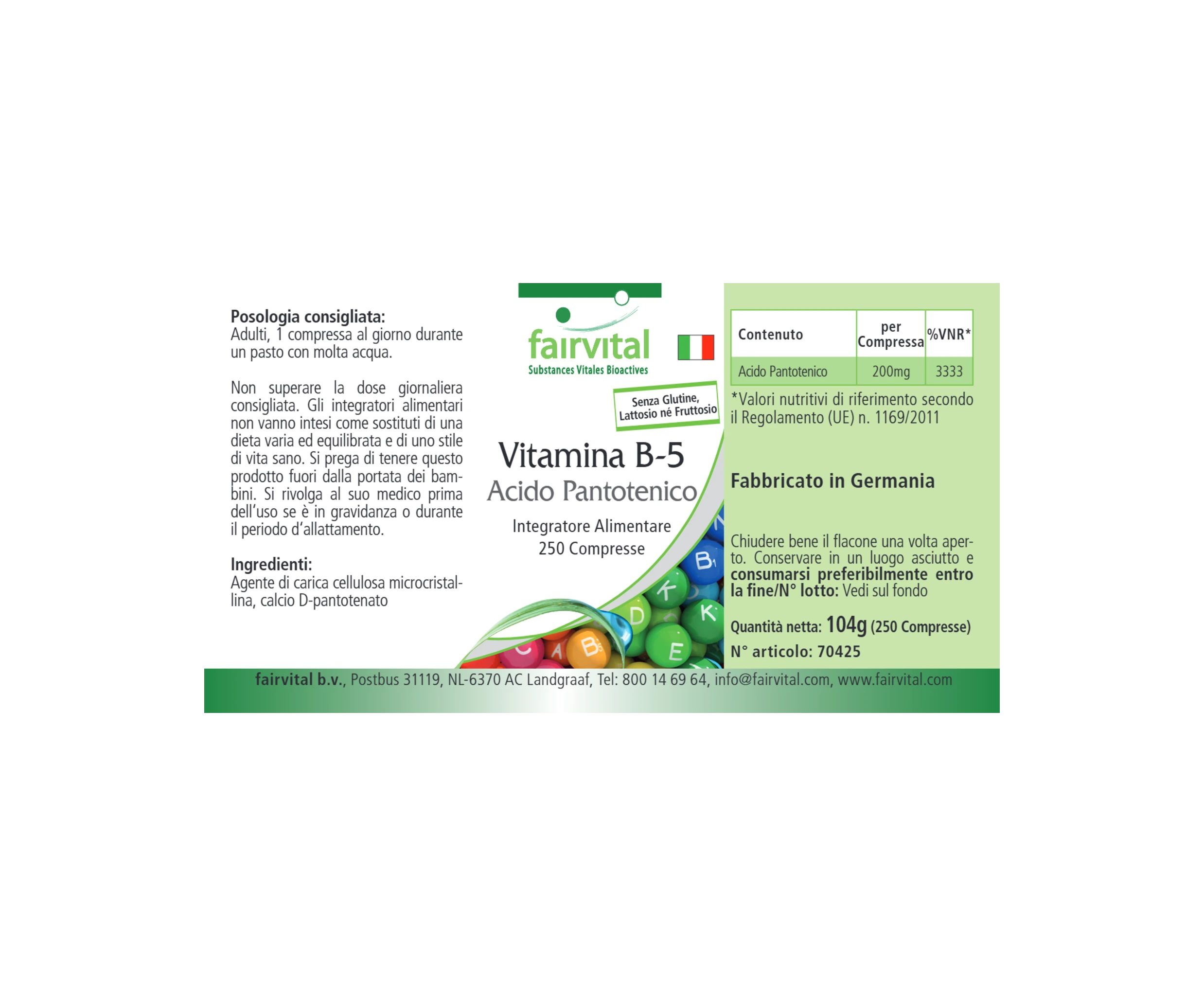 Vitamine B5 acide pantothénique - 250 comprimés