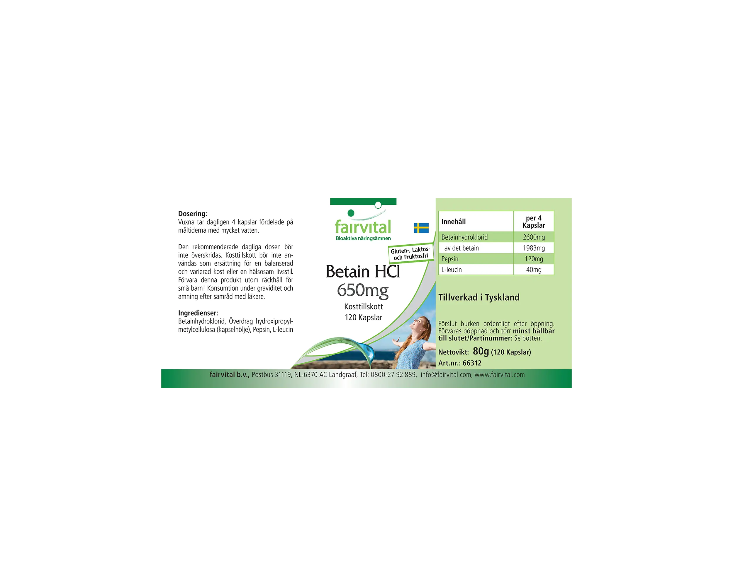 Betain-HCl 650mg - 120 Kapseln - mit Pepsin | Fairvital