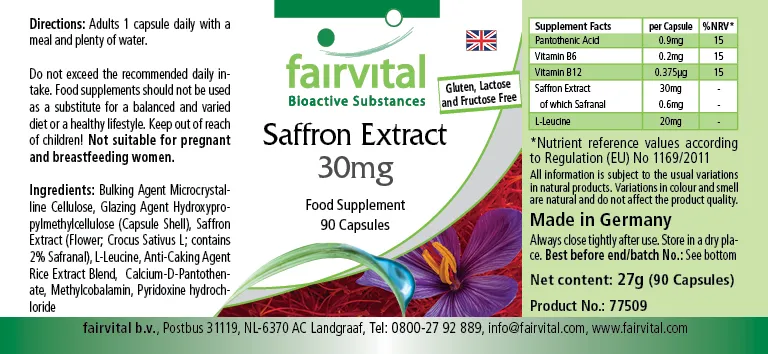 Safran Extrakt 30mg - 90 Kapseln mit Pantothensäure, Vitamin B12 uvm. - für Immunsystem, Zellteilung uvm. | Fairvital Safran Extrakt 30mg - 90 Kapseln mit Pantothensäure, Vitamin B12 uvm. - für Immunsystem, Zellteilung uvm. | Fairvital